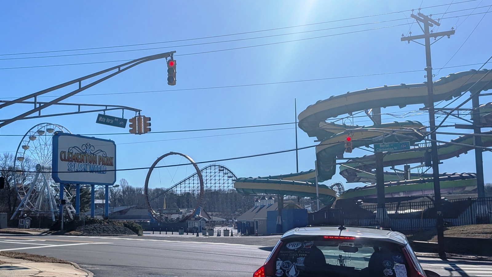 Clementon Park and Splash World entrance and rides photographed from White Horse Avenue in February 2025