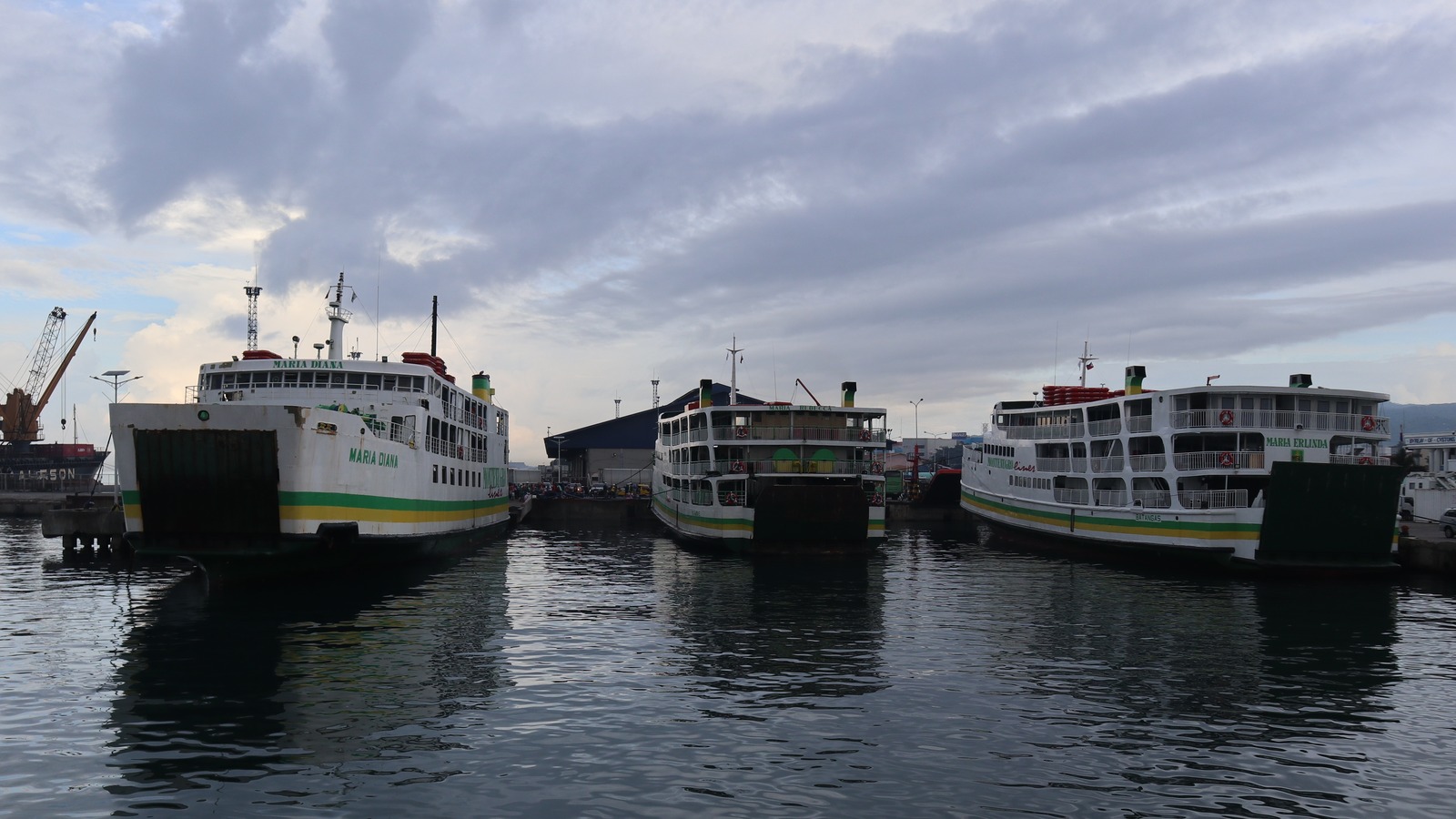 Three Montenegro Lines ferries docked at Zamboanga Port, including Maria Diana and Maria Erlinda