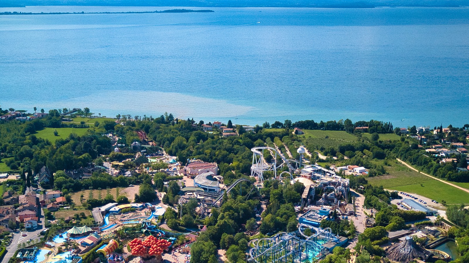 Aerial view of Gardaland beside Lake Garda in May 2024, not Halloween or the PREDA maze