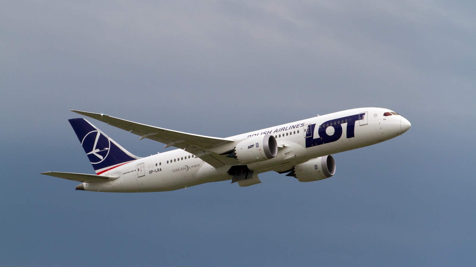LOT Polish Airlines Boeing 787-8 Dreamliner SP-LRA in flight against a blue sky