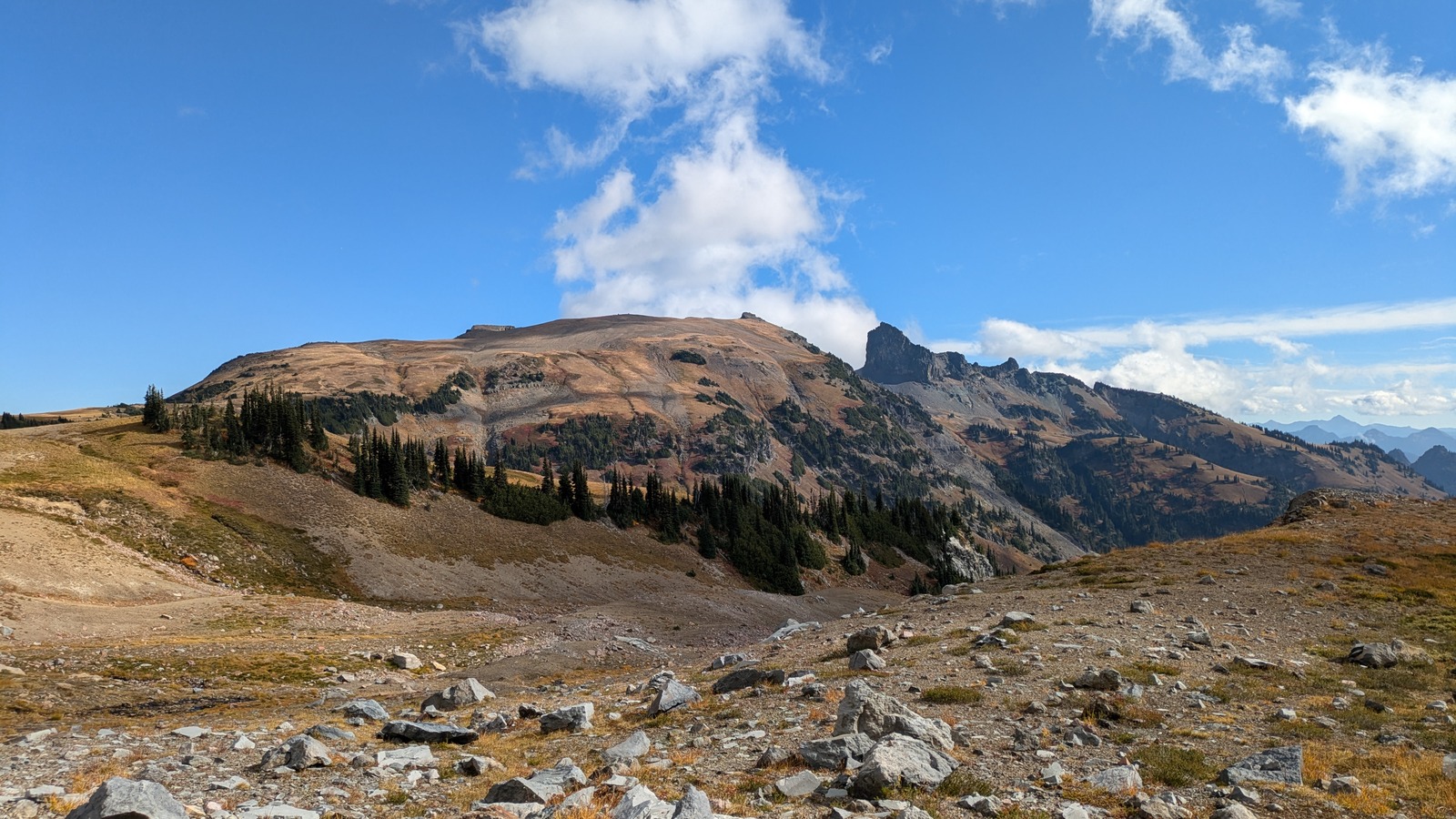Alpine ridgeline and Banshee Peak seen from the Wonderland Trail south of Panhandle Gap in Mount Rainier National Park