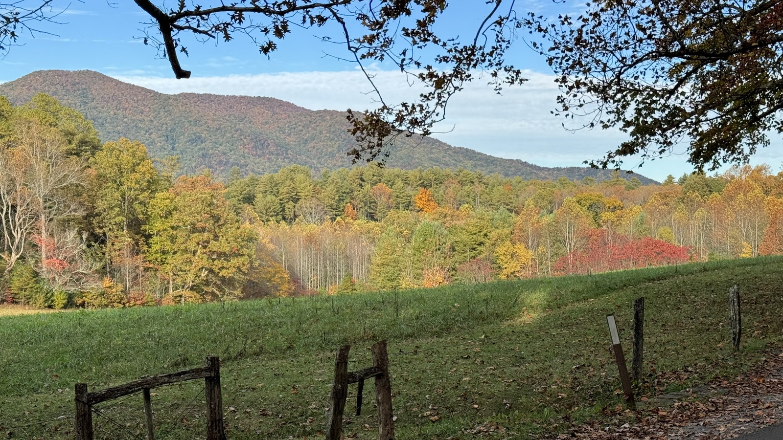 Autumn view from the Cades Cove Loop Road across a split rail fence and open meadow to forested Smoky Mountain ridges turning orange and gold