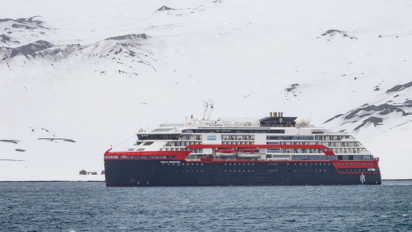 MS Roald Amundsen expedition ship at Deception Island, Antarctica