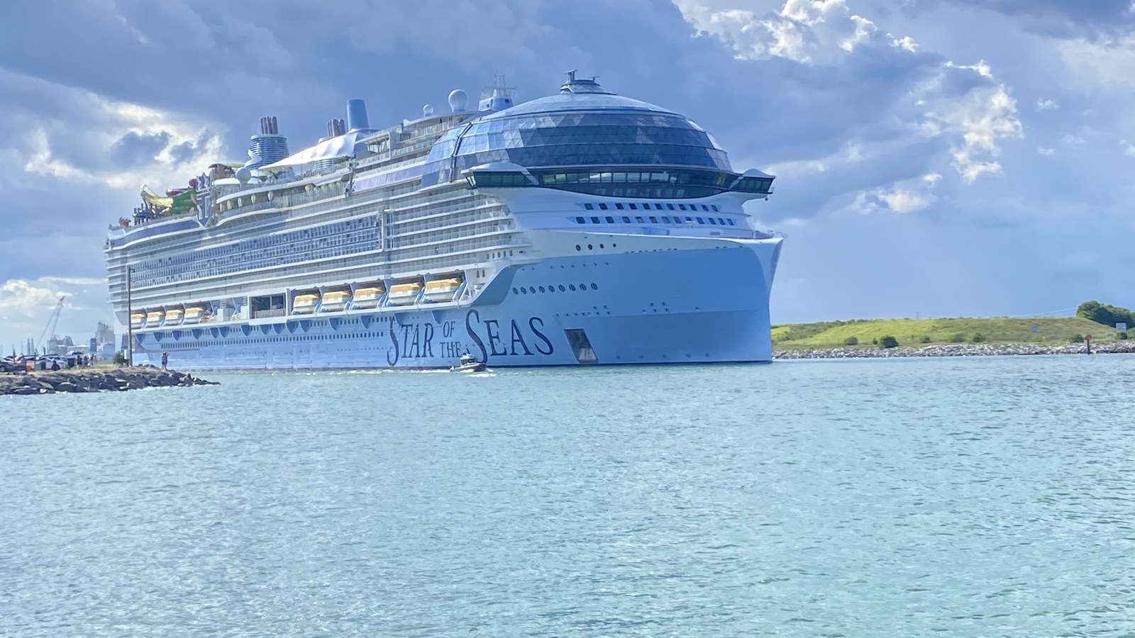 Star of the Seas sailing out of Port Canaveral in September 2026, with its name on the hull and the glass dome at the bow