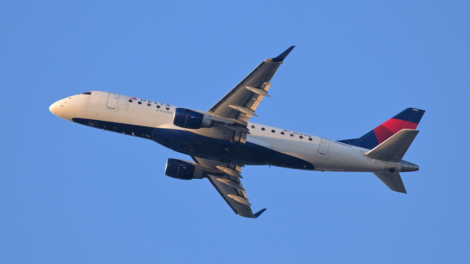 A Delta Connection Embraer 175 climbing after departure with the Delta Connection titles and the red and blue widget tail clearly visible.