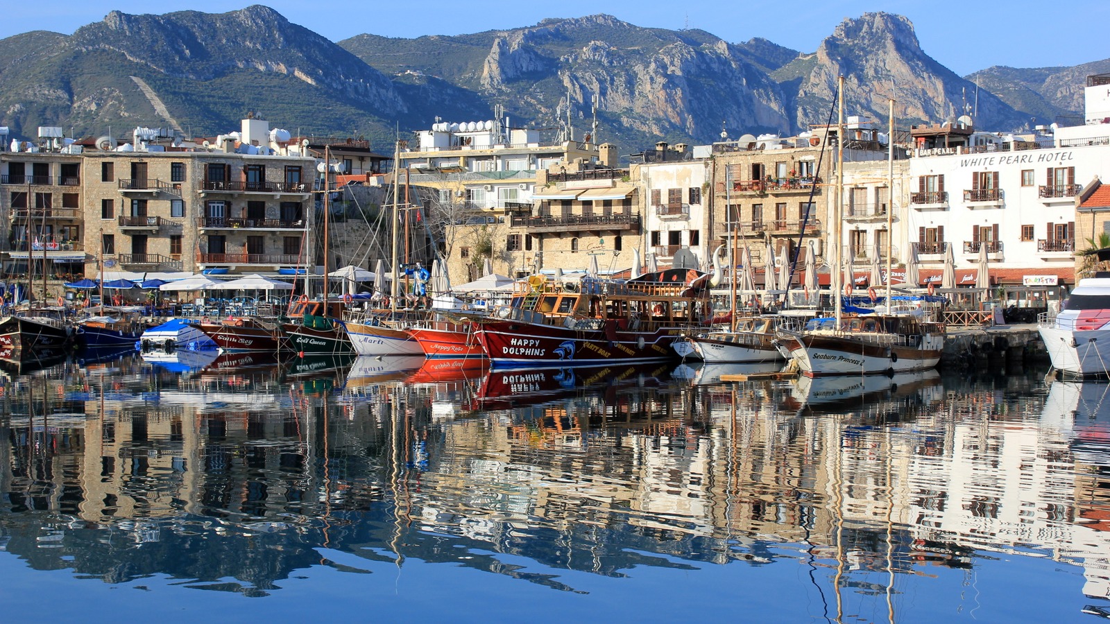 Passenger and tour boats moored in Kyrenia Harbour in northern Cyprus