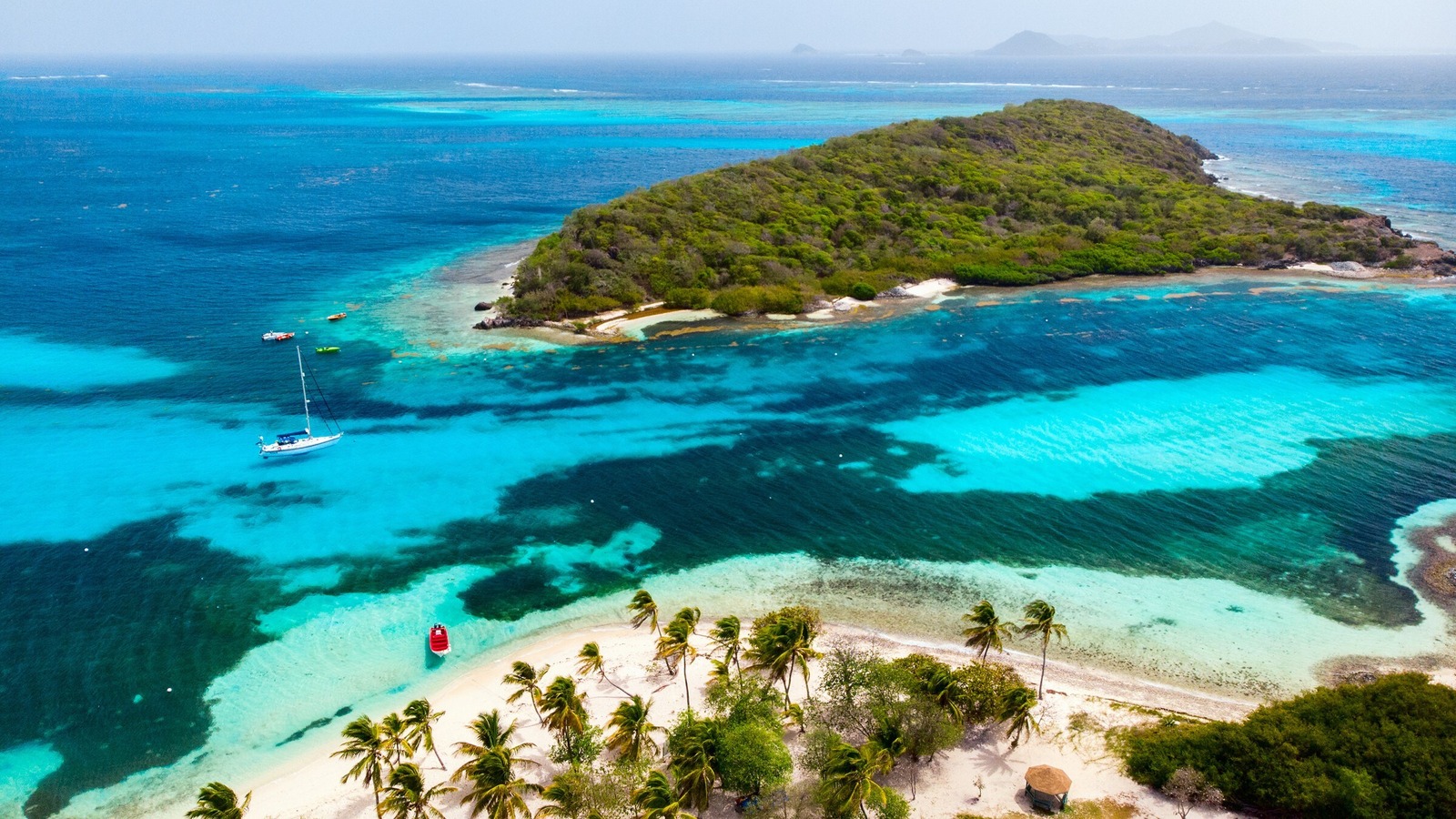 Aerial view of the turquoise water and shoreline at Princess Cays