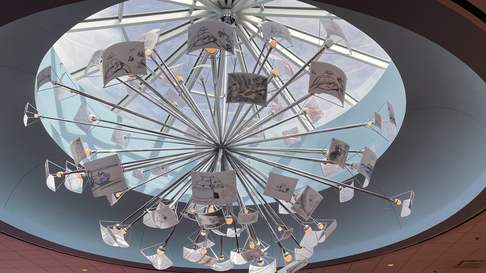 The signature animation sketch chandelier inside Disney's Art of Animation Resort lobby