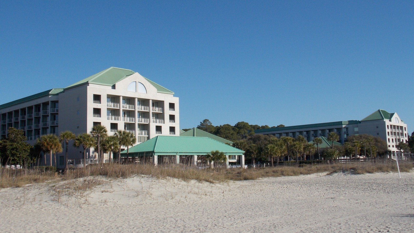 Westin Hilton Head Island Resort buildings and green roofs seen from the beach on Hilton Head Island, South Carolina.