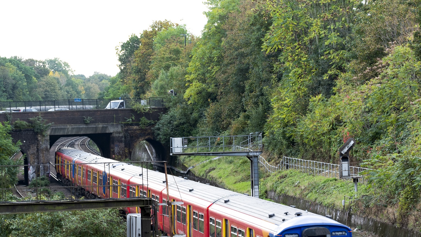 A South Western Railway train approaching Clapham Junction on October 26, 2021; archive photograph, not the September 2026 fire.
