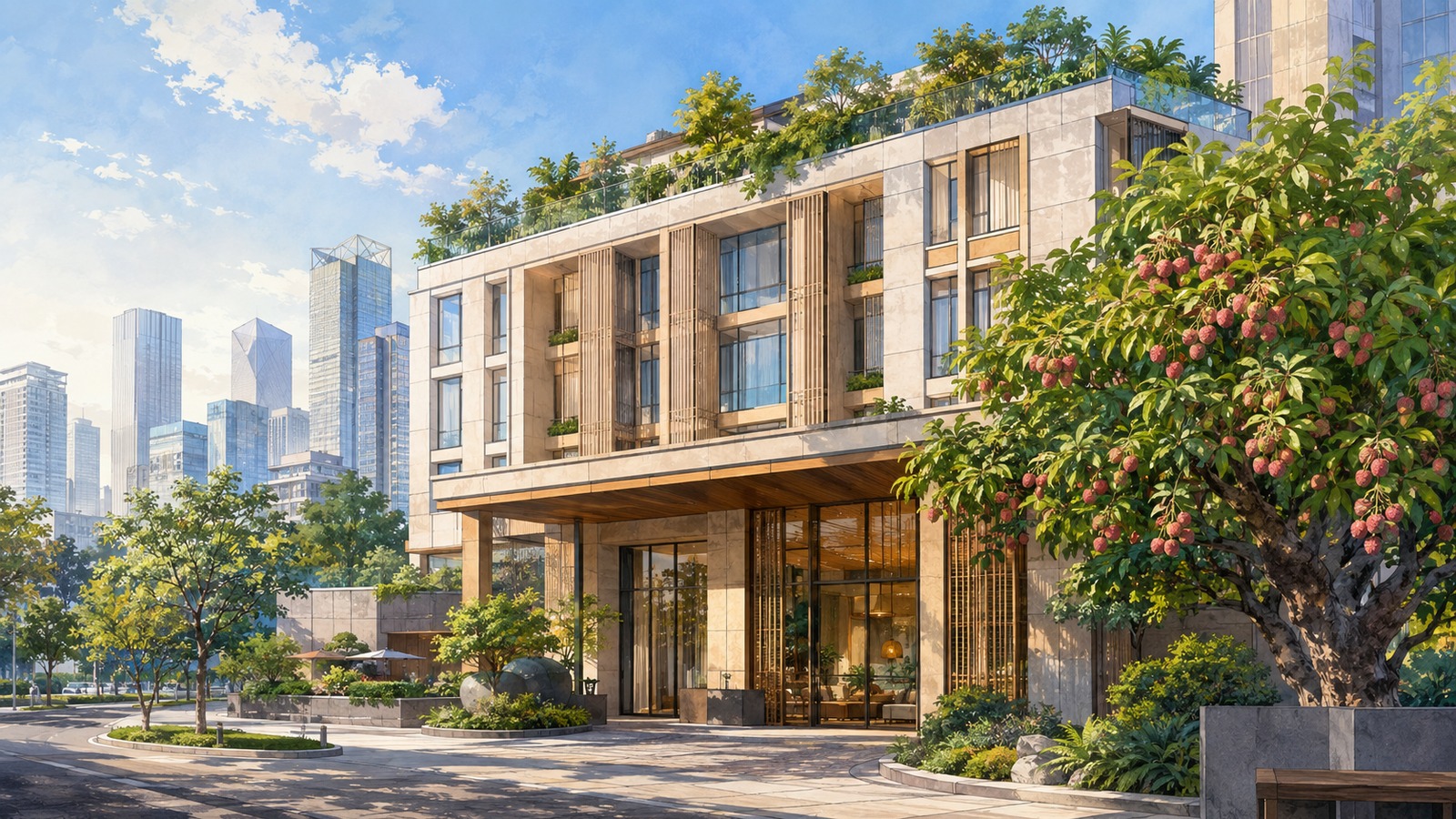 Editorial illustration of a bright contemporary hotel in Chengdu with a rooftop garden and lychee tree