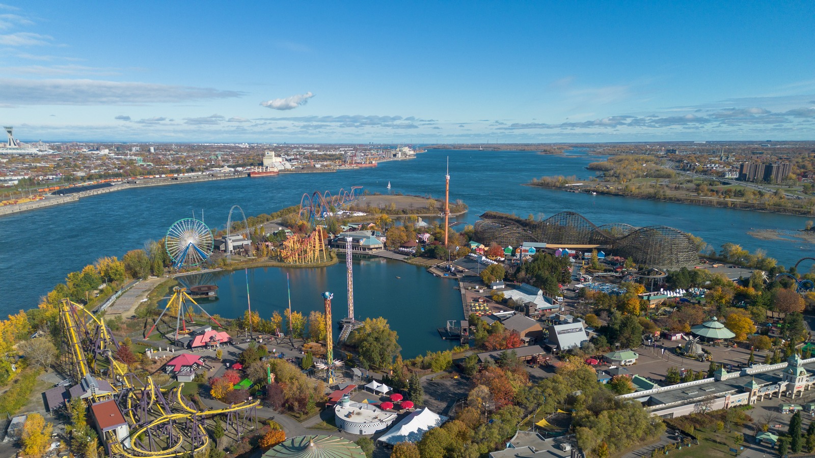 La Ronde amusement park on Montreal's Ile Sainte-Helene in an October2025 daytime aerial photograph, not the September2026 night event
