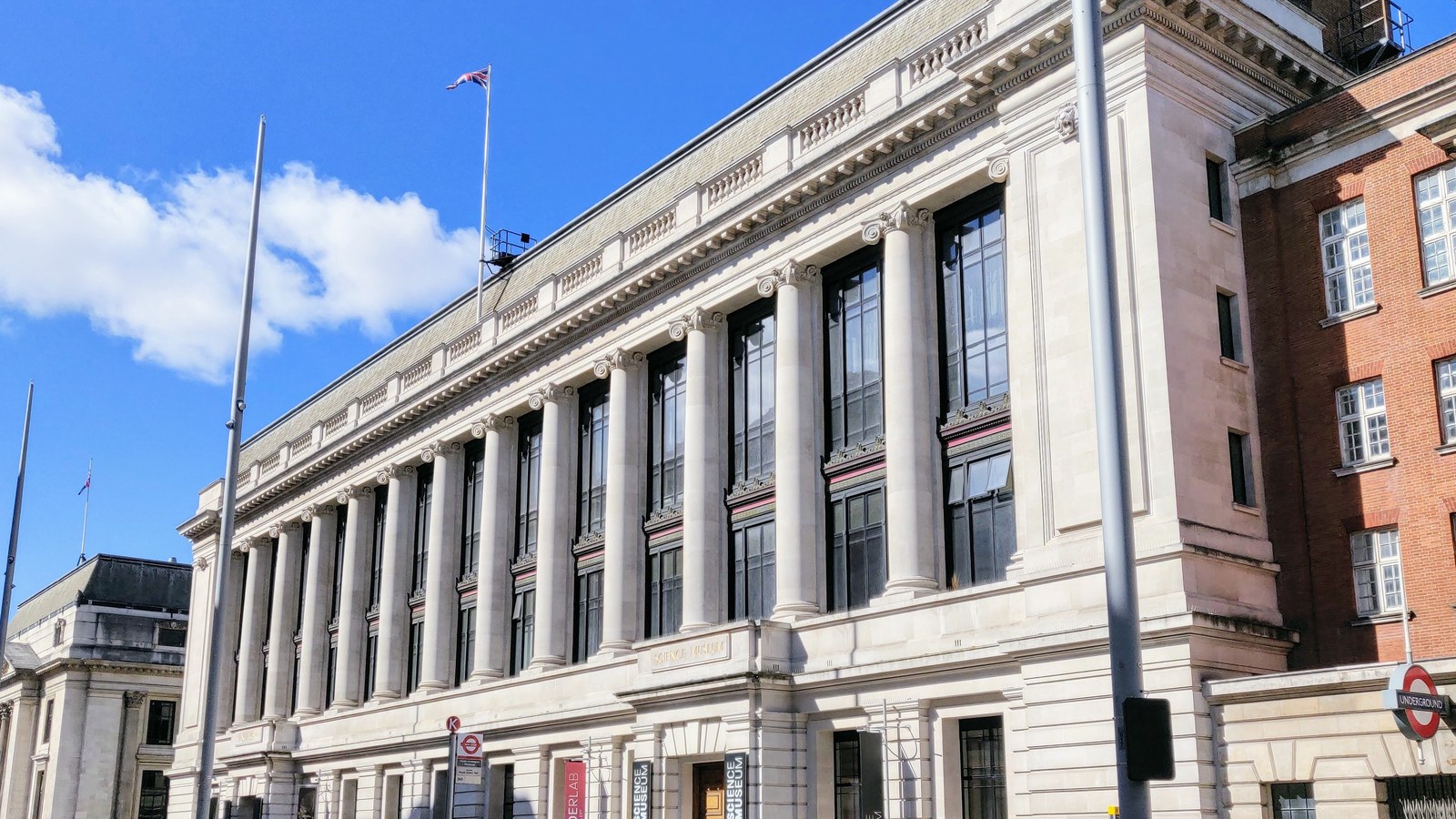 The Science Museum's columned facade on Exhibition Road in London in August 2020; the Pokémon Space Trail installations are not shown