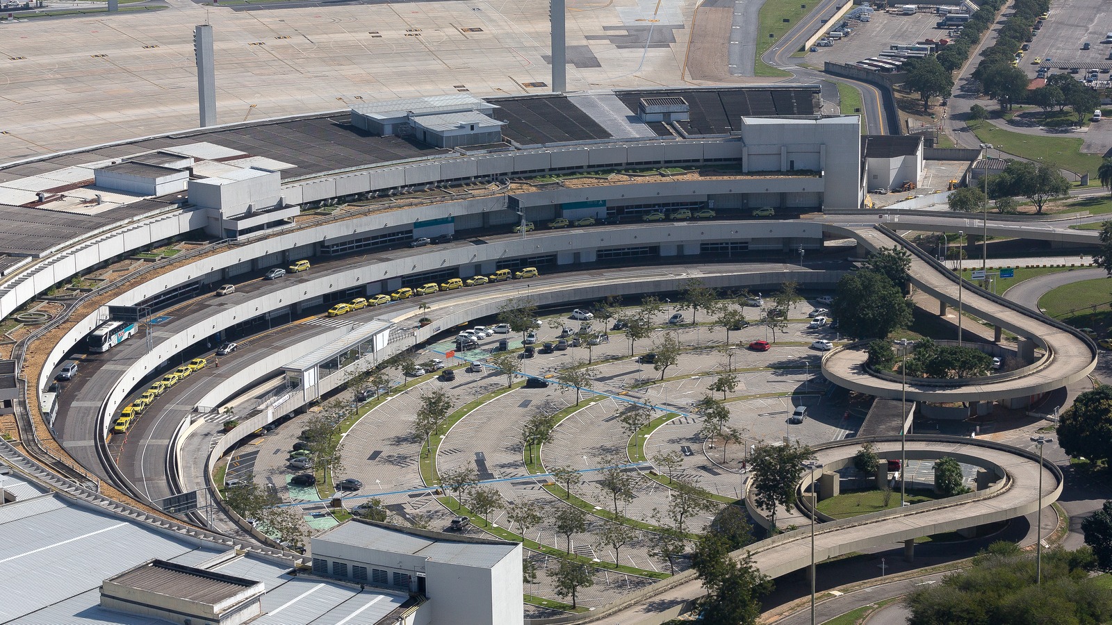 Aerial view of Rio de Janeiro Galeao International Airport terminal ramps and landside loop