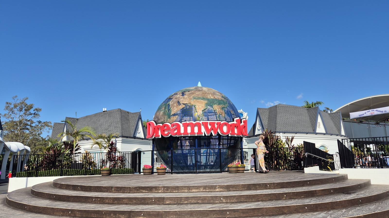 Dreamworld entrance globe and surrounding park buildings in Coomera, photographed in October 2025