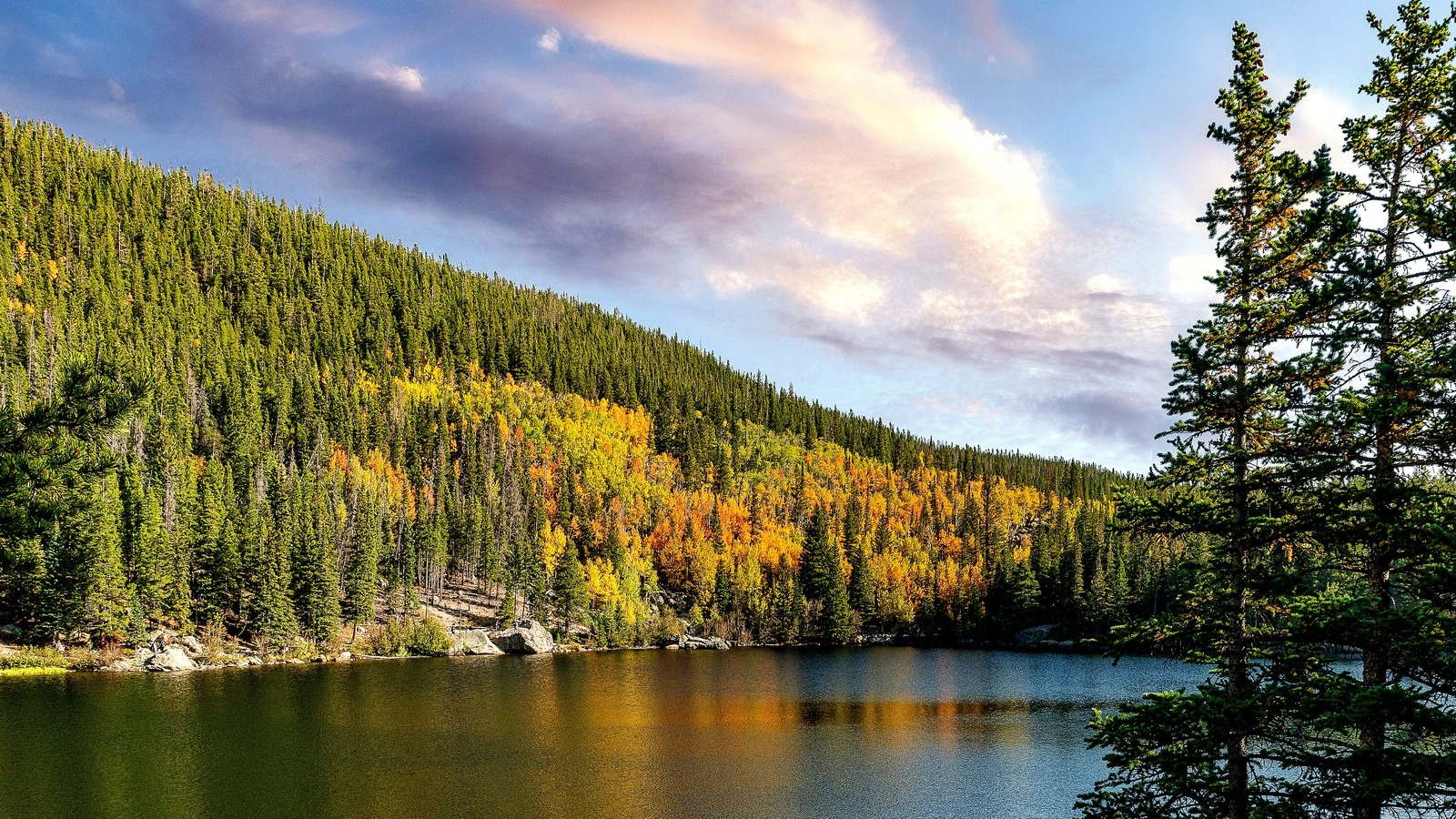 Bear Lake in Rocky Mountain National Park in October, with a band of gold and orange aspen running through dark conifers on the far shore and the colours reflected in the water