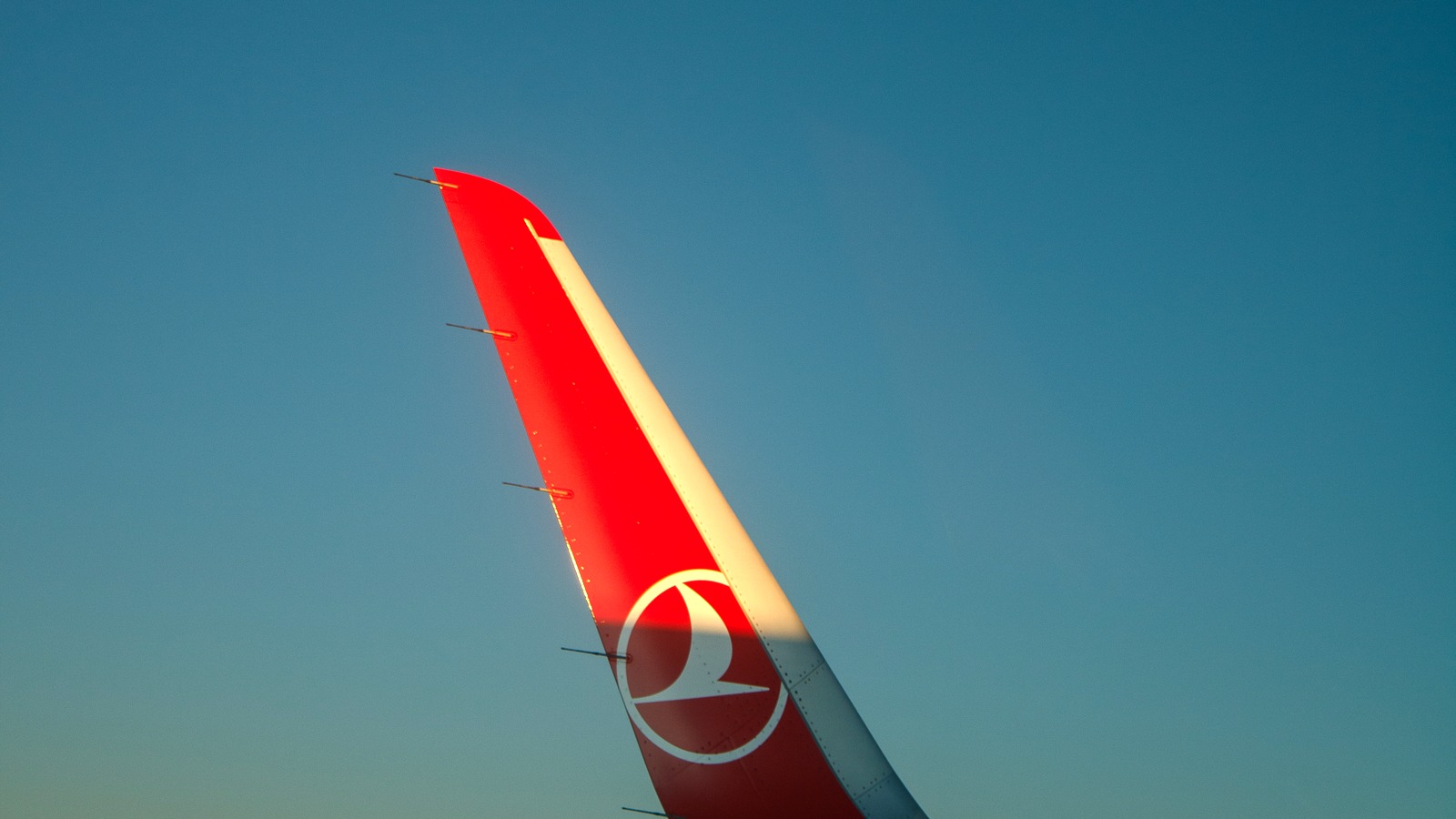 Close view of a red Turkish Airlines tail in flight against blue sky
