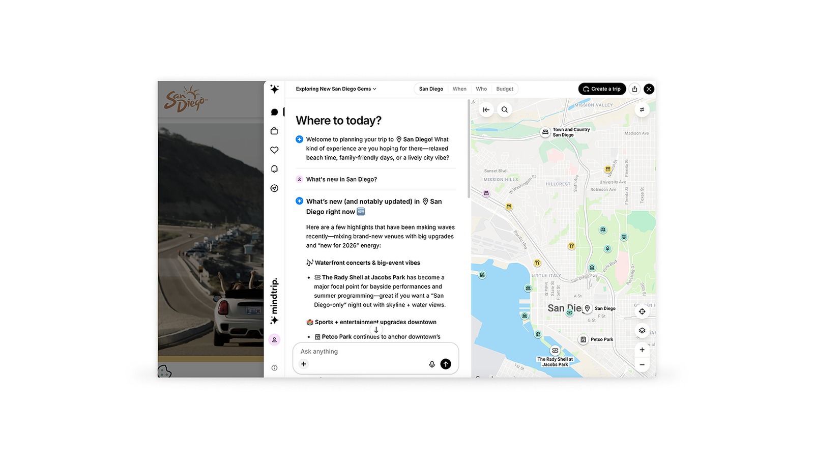 Mindtrip artificial intelligence trip planner integrated into the San Diego tourism website