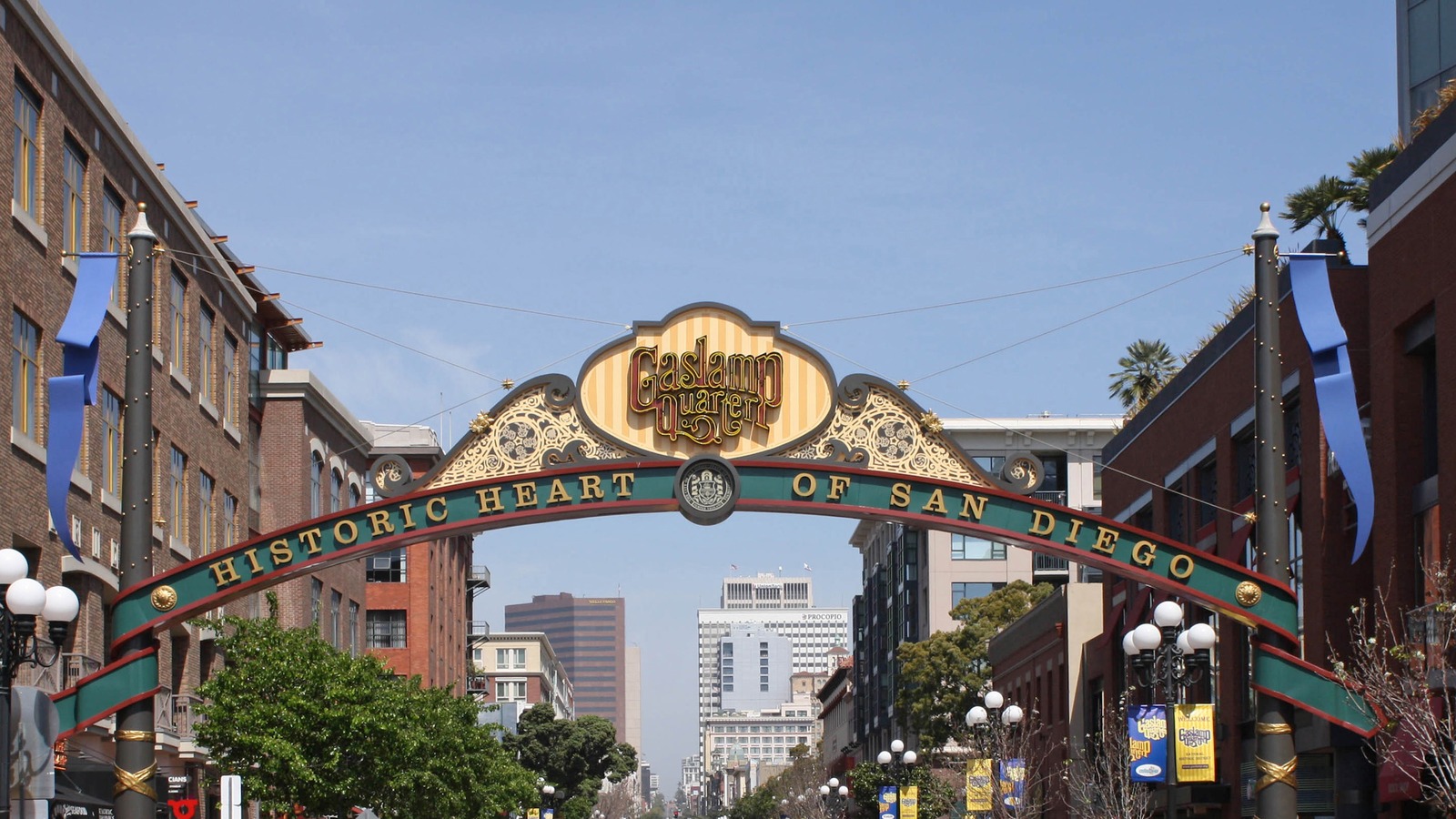 Gaslamp Quarter arch over Fifth Avenue in downtown San Diego under a clear sky