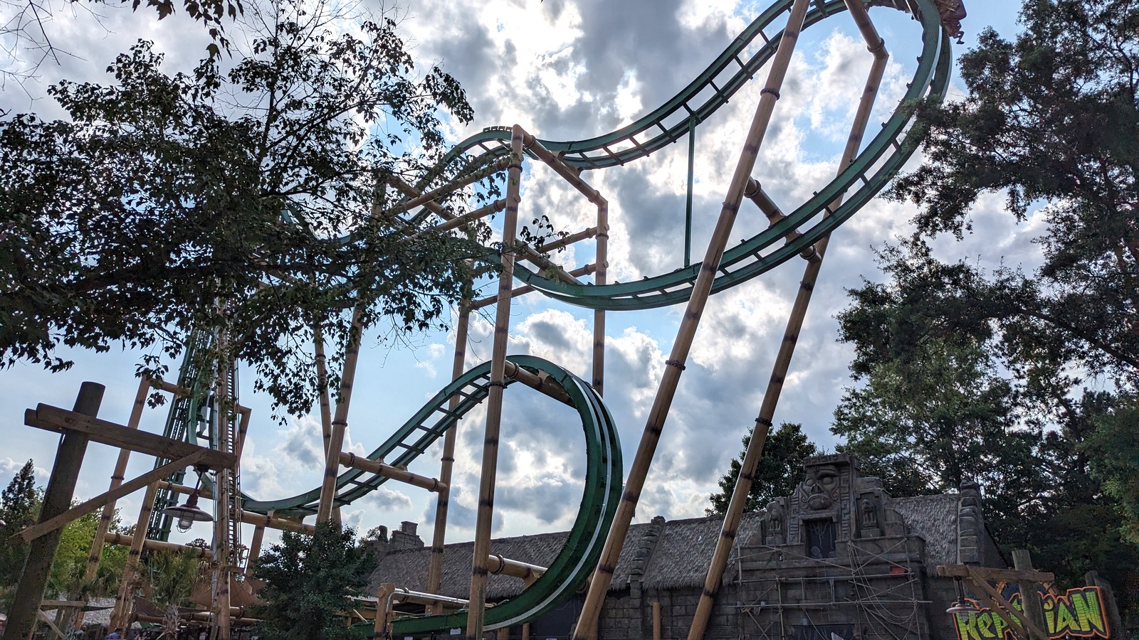Tumbili coaster train and track in Jungle X-Pedition at Kings Dominion
