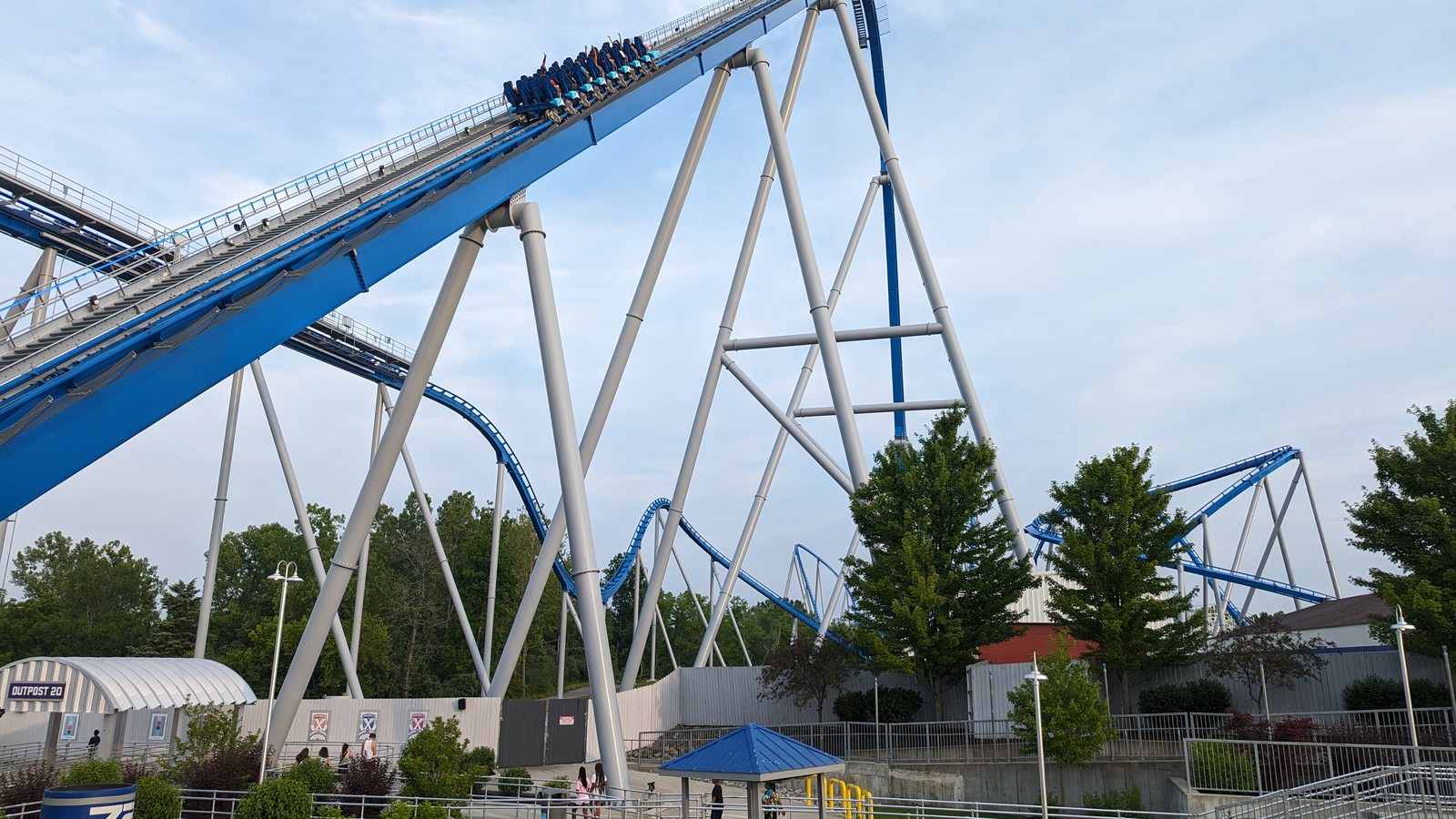 Orion coaster train descending blue track in the Area 72 side of Kings Island