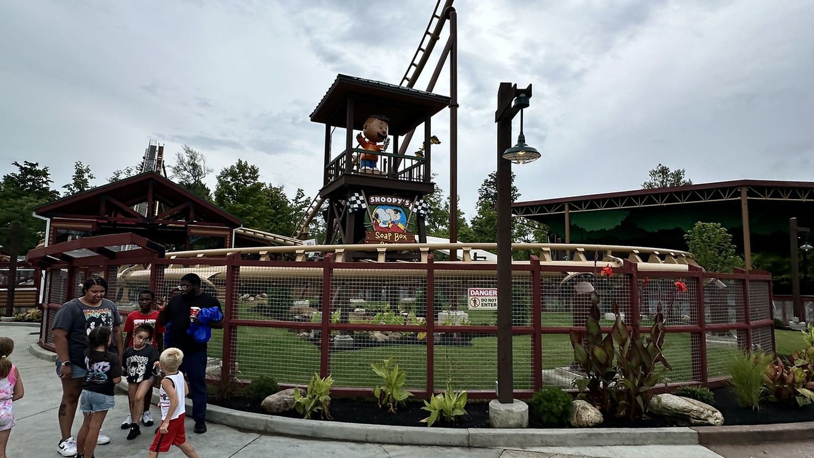 Snoopy's Soap Box Racers track and lookout tower in Camp Snoopy at Kings Island
