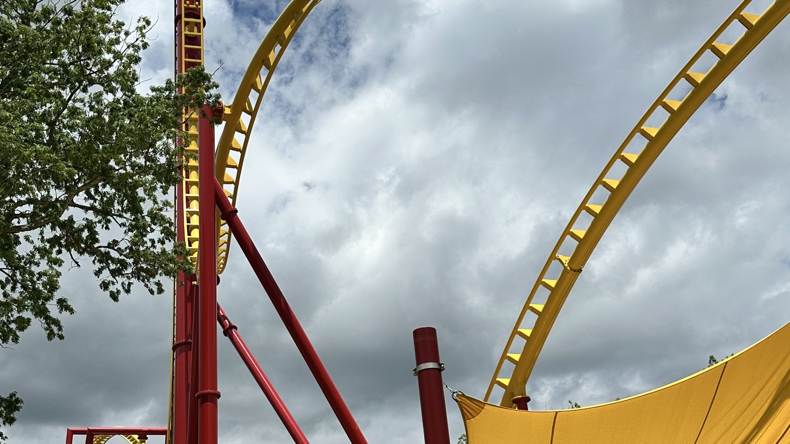 Yellow track and red tower supports of THE FLASH Vertical Velocity at Six Flags Great Adventure