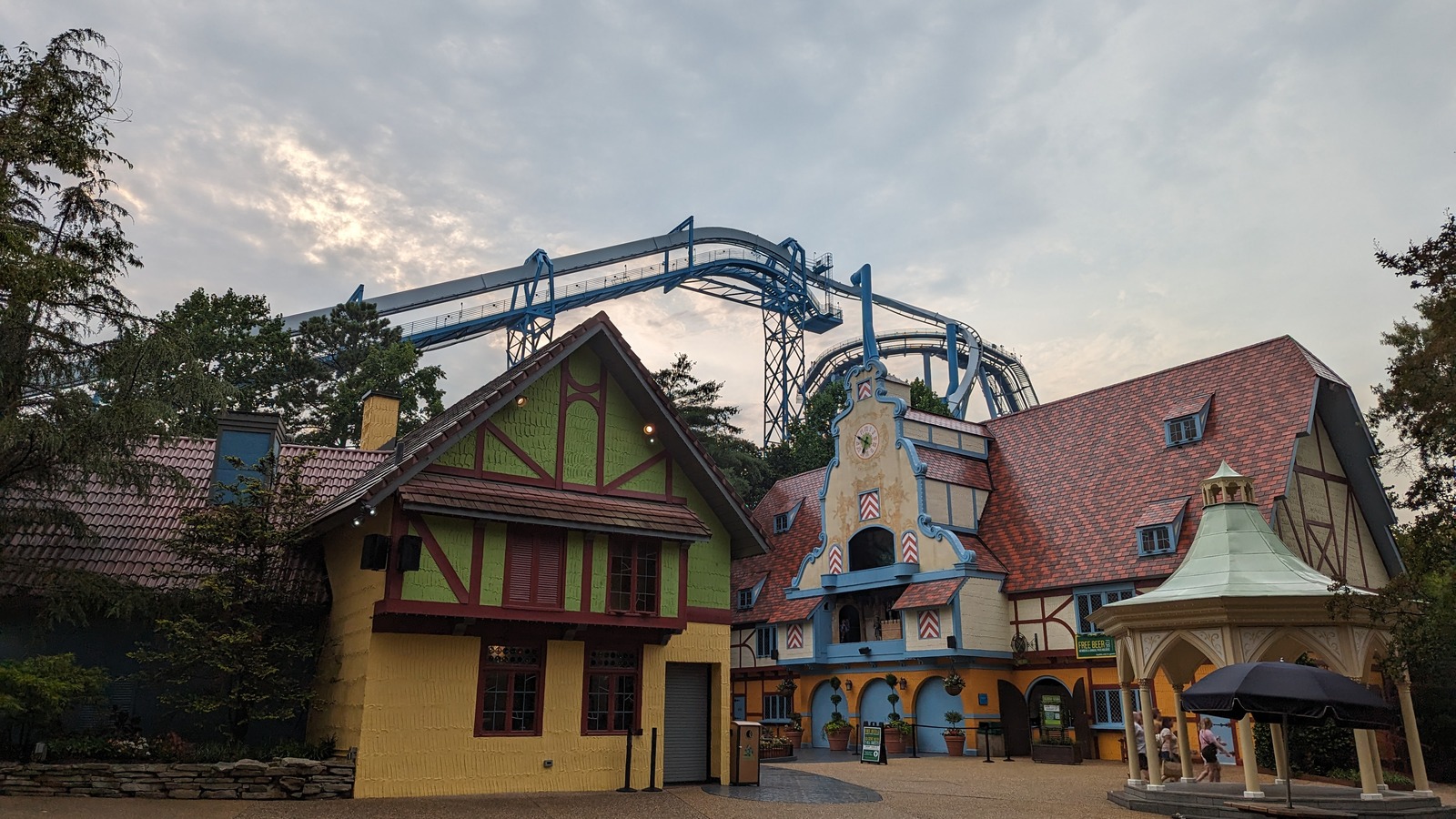 German village buildings and Alpengeist track at Busch Gardens Williamsburg
