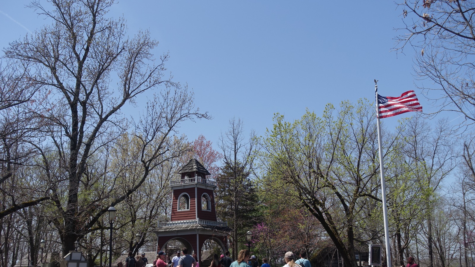 Main Street bell tower and trees at Silver Dollar City