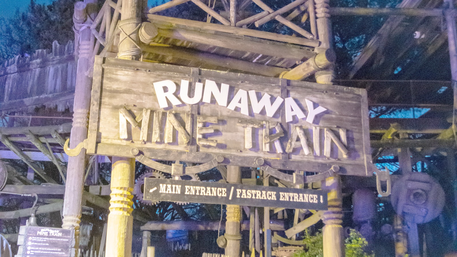 Runaway Mine Train entrance in Katanga Canyon at Alton Towers at night