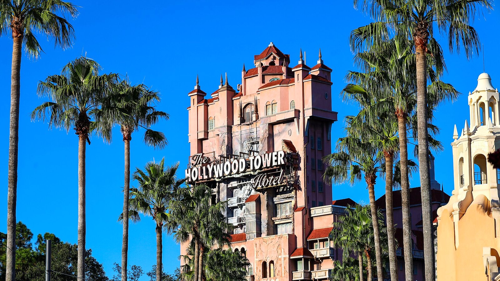 Hollywood Tower Hotel above the palms on Sunset Boulevard at Disney’s Hollywood Studios