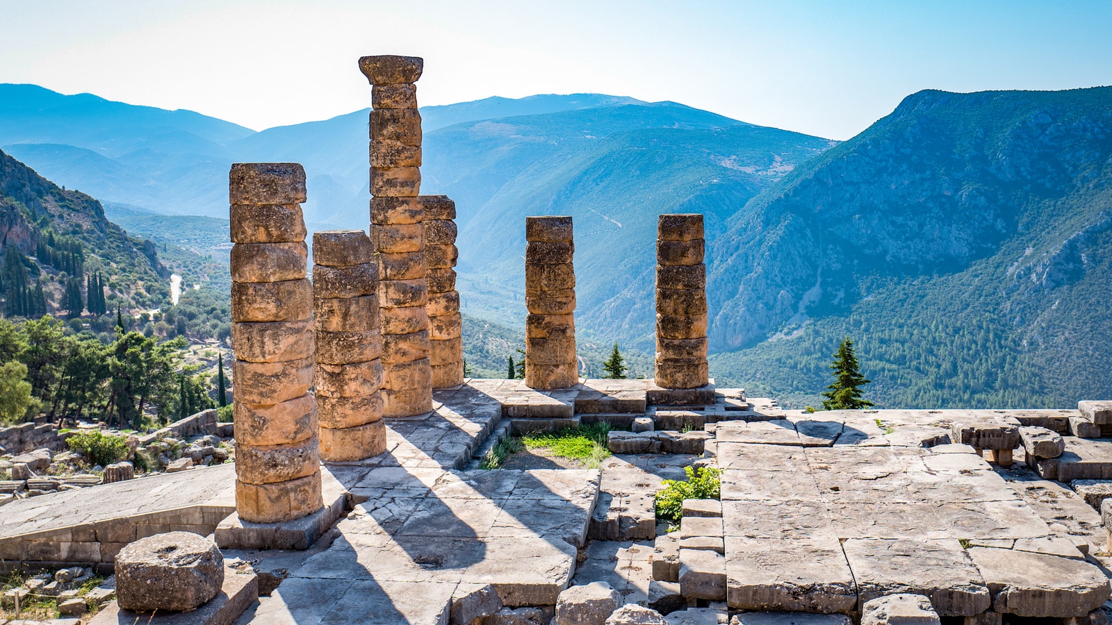 Ruins of the Temple of Apollo overlooking the valley at Delphi