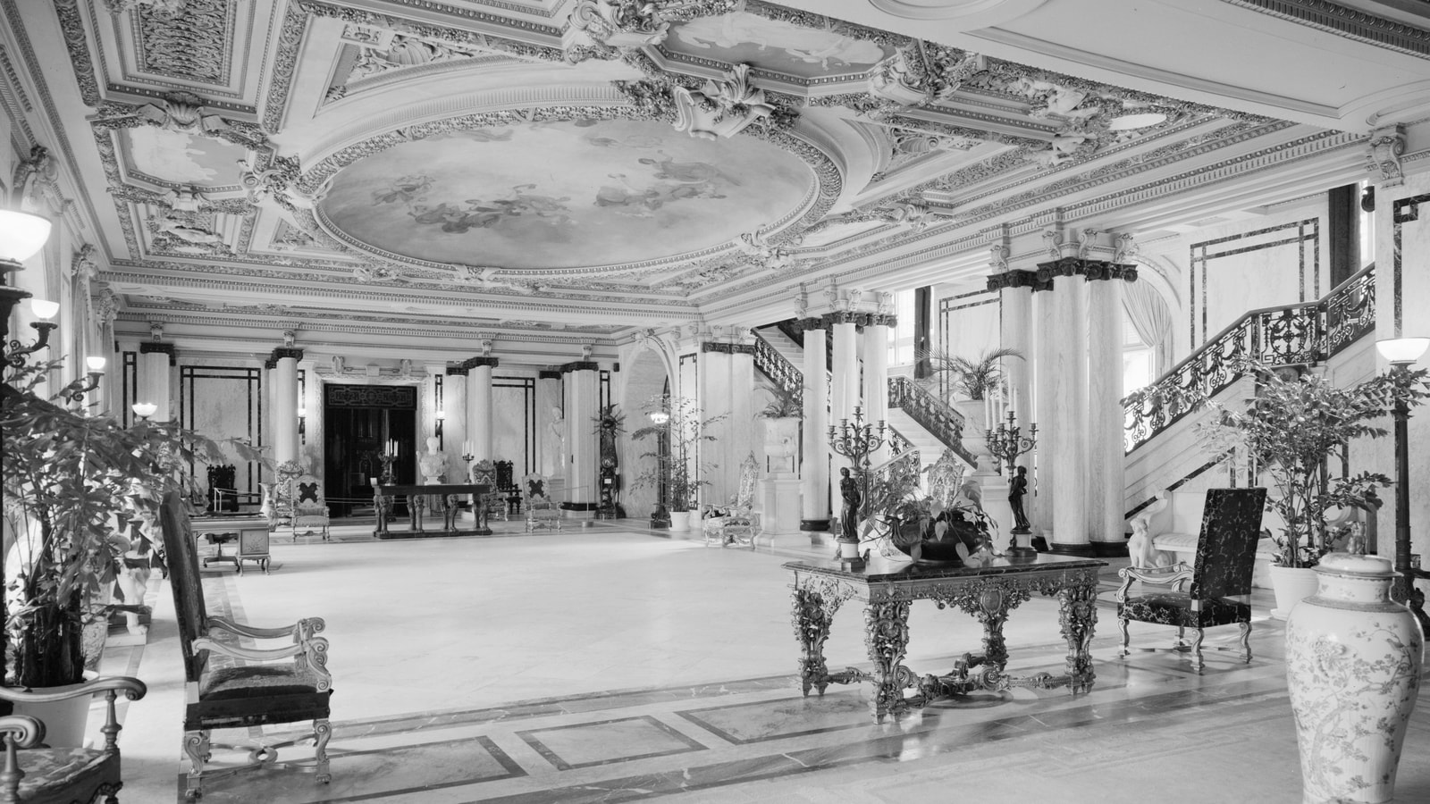Whitehall Grand Hall and double staircase photographed for the Historic American Buildings Survey.