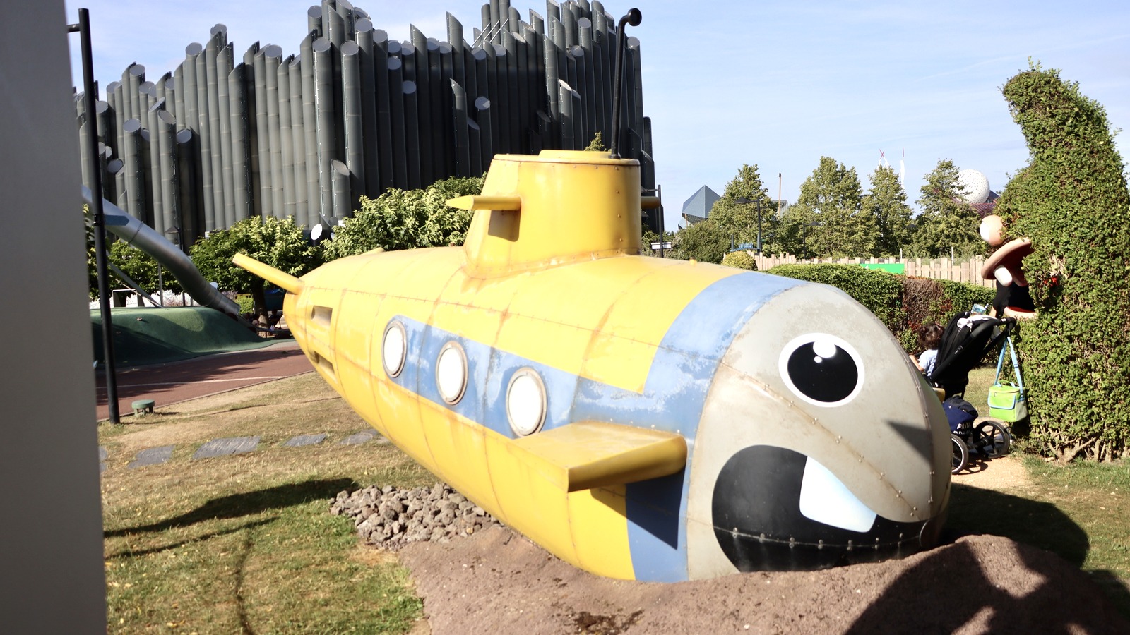 Yellow Rabbids submarine outside The Time Machine at Futuroscope