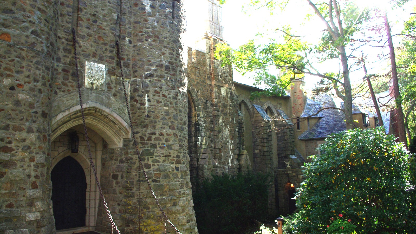 Seaward stone facade of Hammond Castle Museum in Gloucester