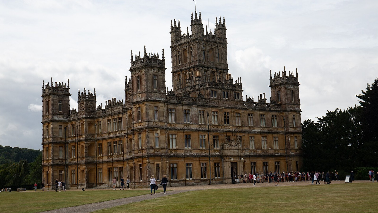 Highclere Castle facade and lawns in Hampshire