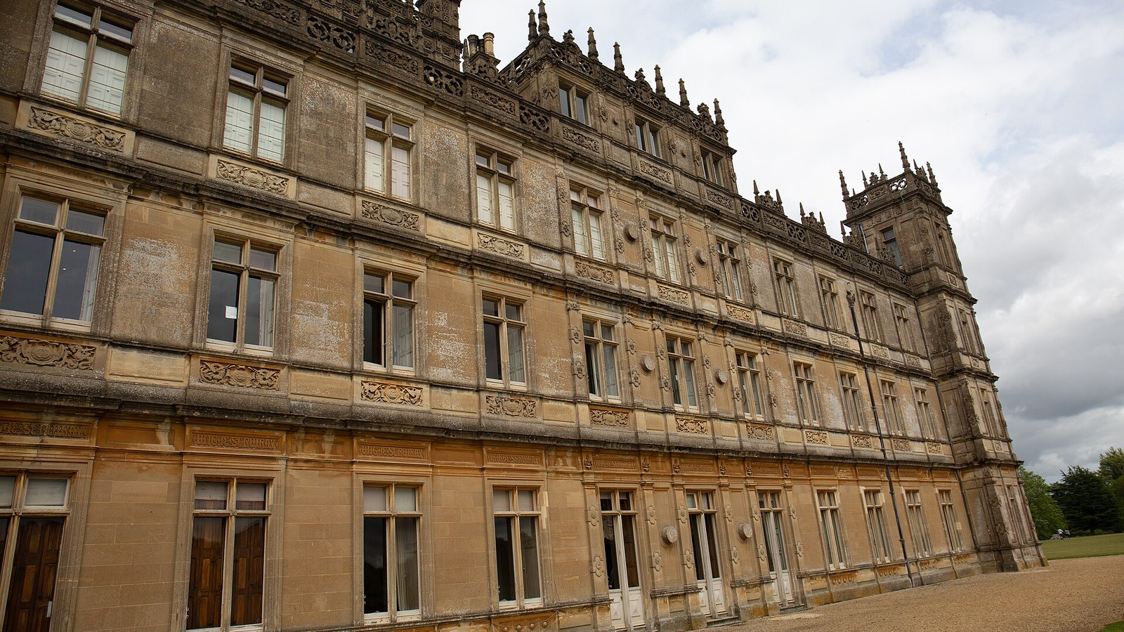 Highclere Castle exterior from its landscaped grounds