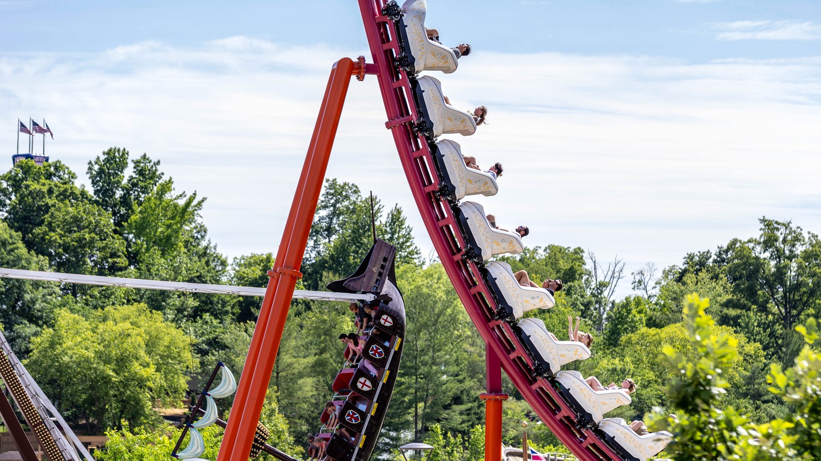 Good Gravy! coaster train climbing with Mayflower behind at Holiday World
