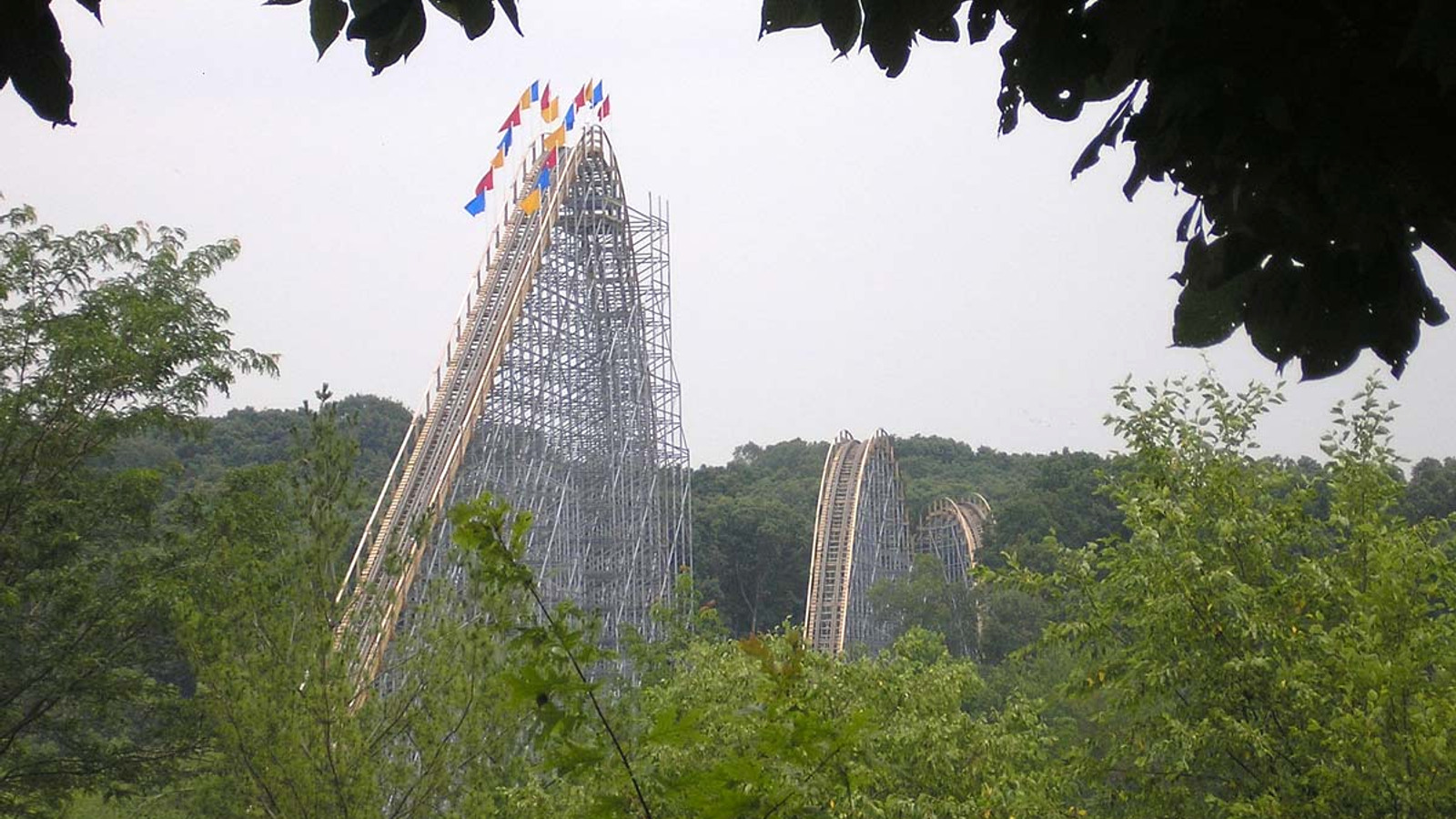 The Voyage wooden roller coaster lift hill and track at Holiday World