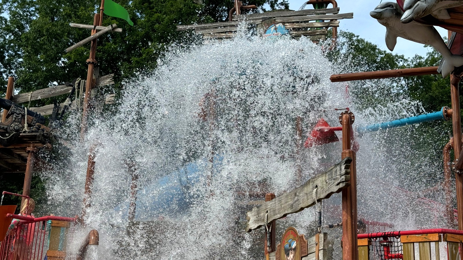 Water pouring from the pirate bucket at Captain Kidd's Adventure Galley in SoakZone