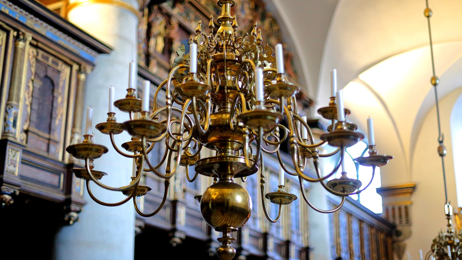 Chapel interior at Kronborg Castle with its historic chandelier