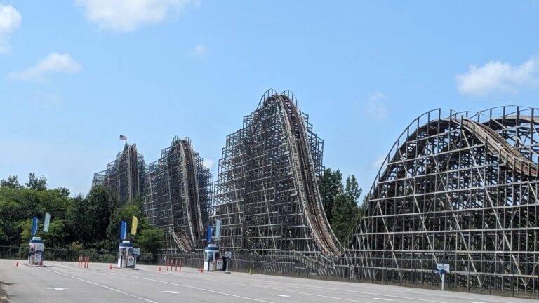 Shivering Timbers wooden roller coaster at Michigan's Adventure