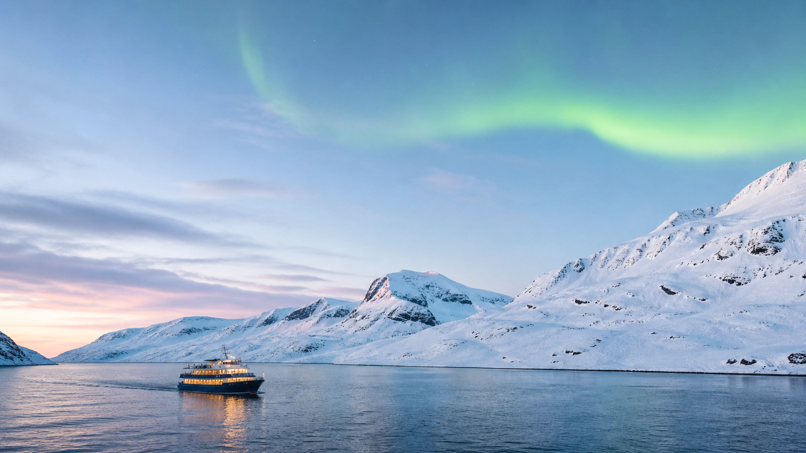 Representative coastal cruise vessel beneath a subtle aurora in Arctic twilight