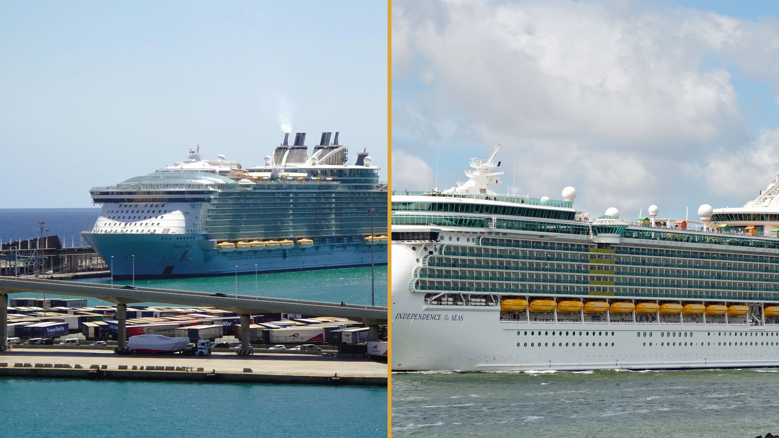 Oasis of the Seas calling at the port of Barcelona beside Independence of the Seas near Hoek van Holland