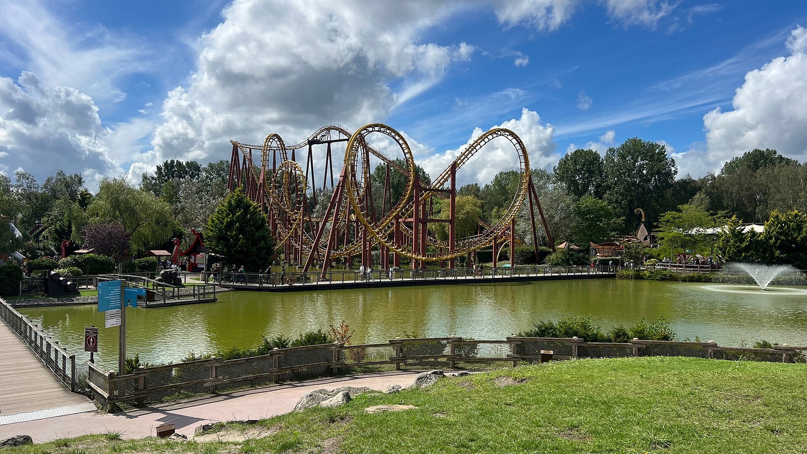 Goudurix coaster across the lake in the Vikings area at Parc Astérix
