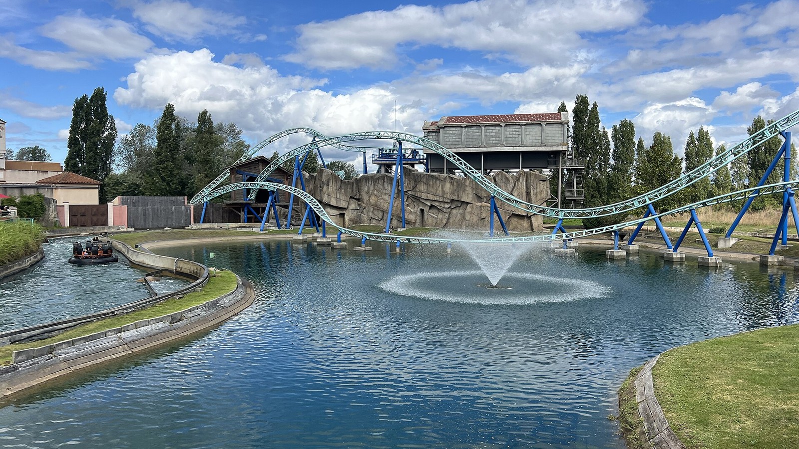 Romus et Rapidus water ride with Pégase Express track in the Roman Empire area at Parc Astérix
