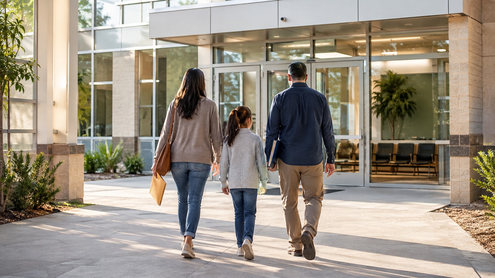 Family walking toward a civic building for an in-person application event
