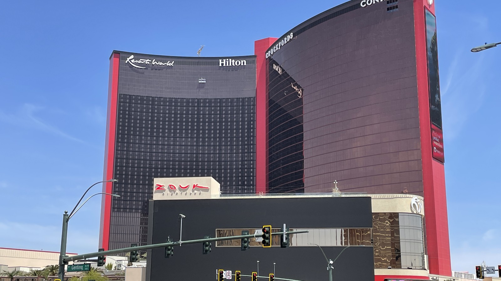 Resorts World Las Vegas hotel towers in a May 2022 exterior photograph; not current meeting wayfinding.