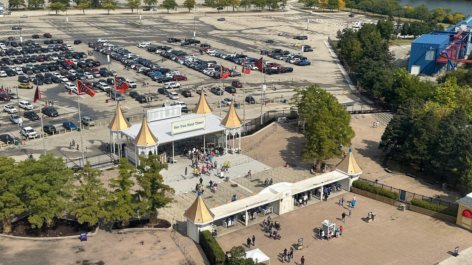 Aerial view of Six Flags Great America entrance
