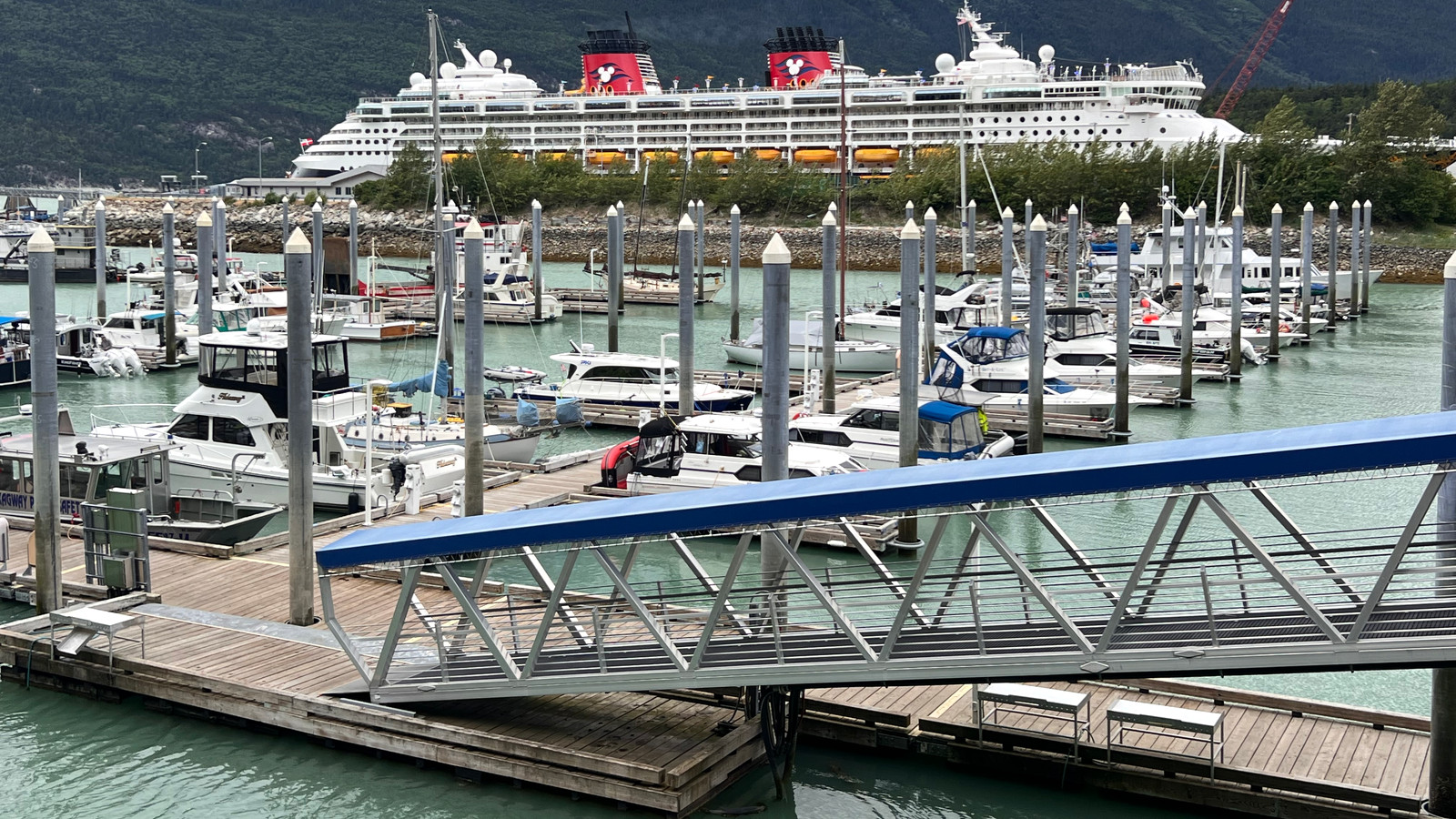 Skagway marina with a cruise ship and mountains in the background